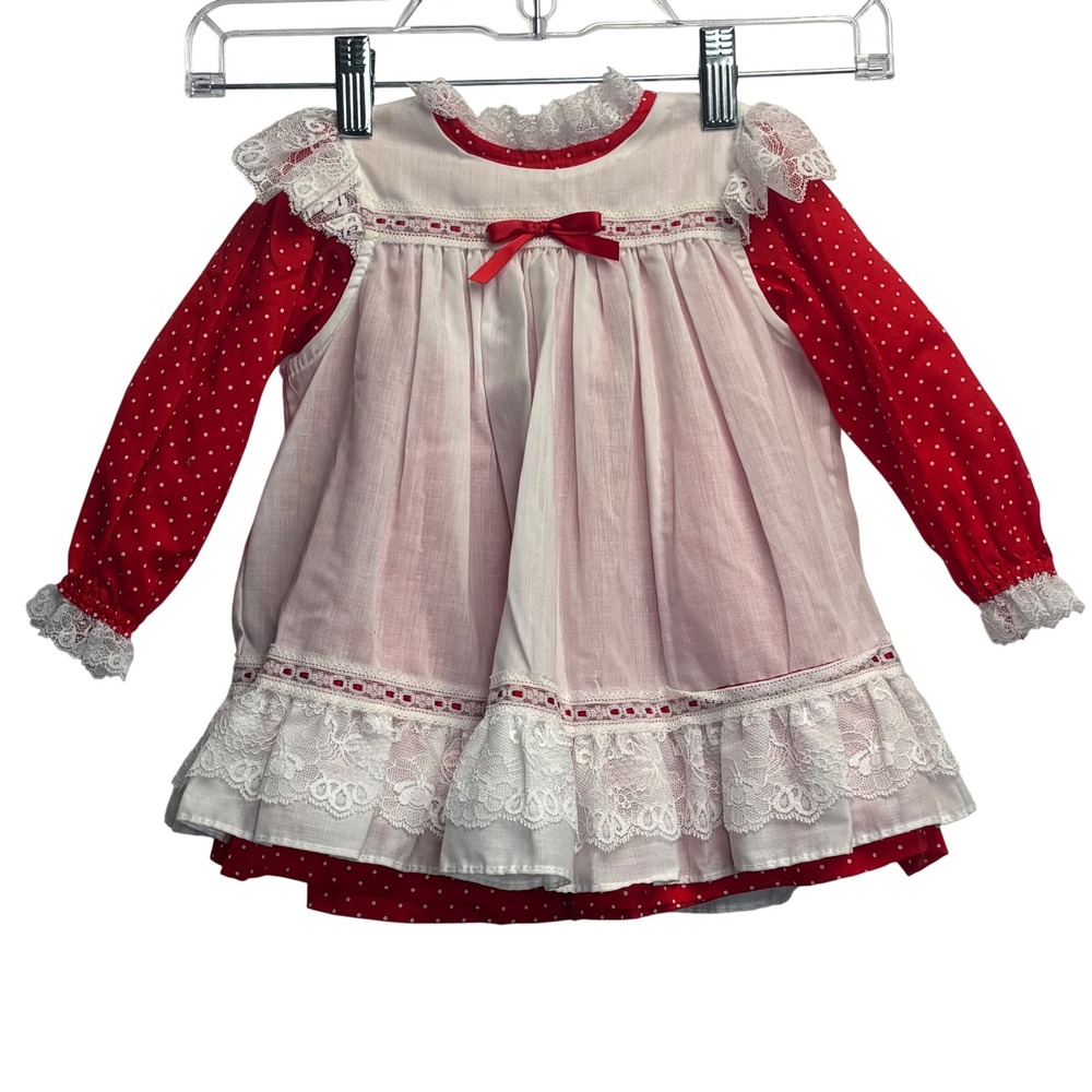VTG Cottagecore Prairie Baby Dress 24M Red White Polka Dot Lace Trim USA 80s 90s